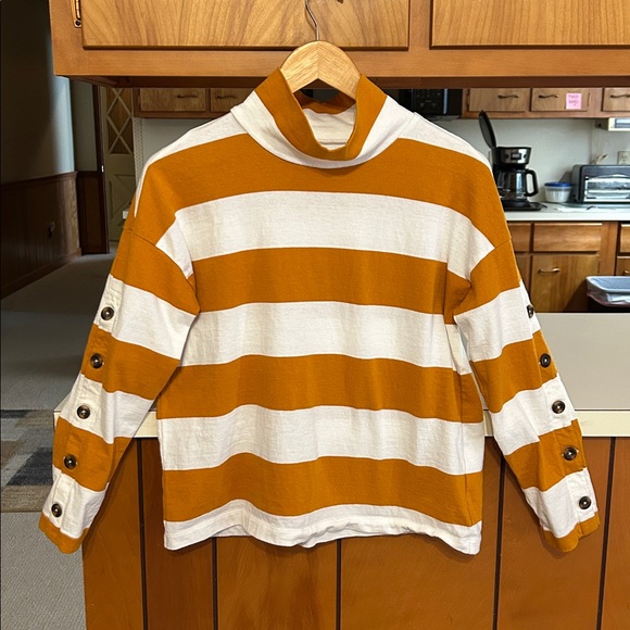 Madewell Striped Button-Sleeve Turtleneck Top XS Rich Amber Mustard Cotton
DD - Picture 3 of 12